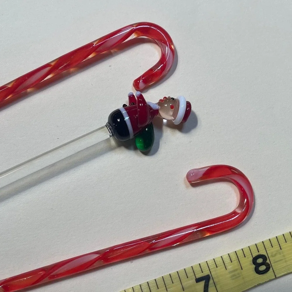 Vintage Glass Santa Cocktail Swizzle Stick + Candy Cane Stir‎ Rods Set of 3
